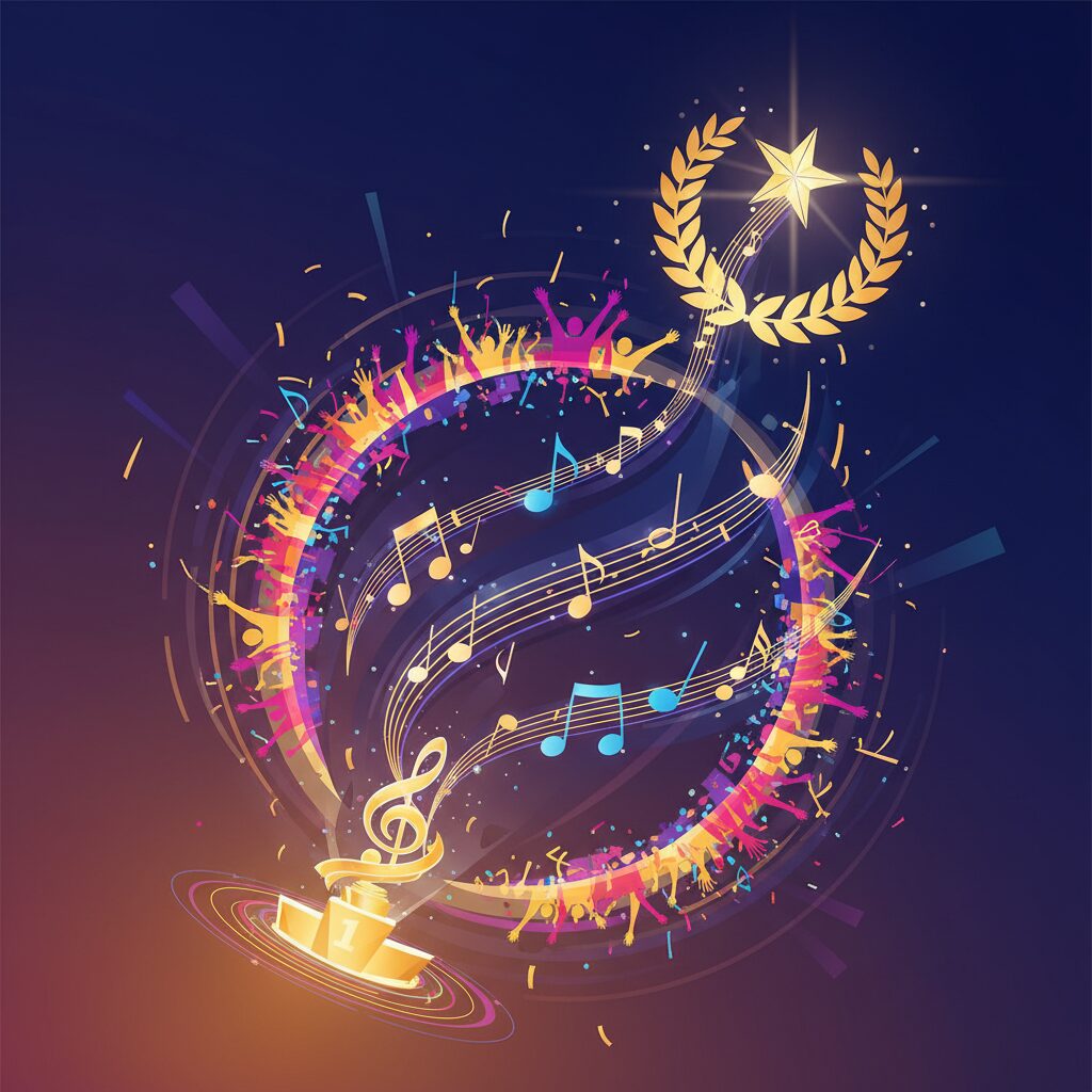 音楽業界でのミリオン達成を祝うイメージ。輝く音符と歓喜するファンの抽象的な表現。