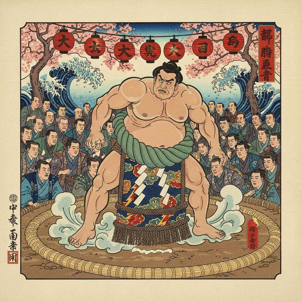 土俵で力強い突き押しを見せる大相撲力士