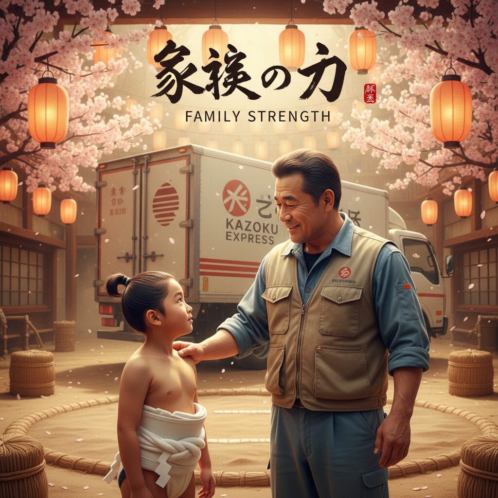 力士の息子を支える、愛情深い父親の横顔。背景には日本の伝統的な風景や運送業を示唆する要素がぼんやりと描かれている。