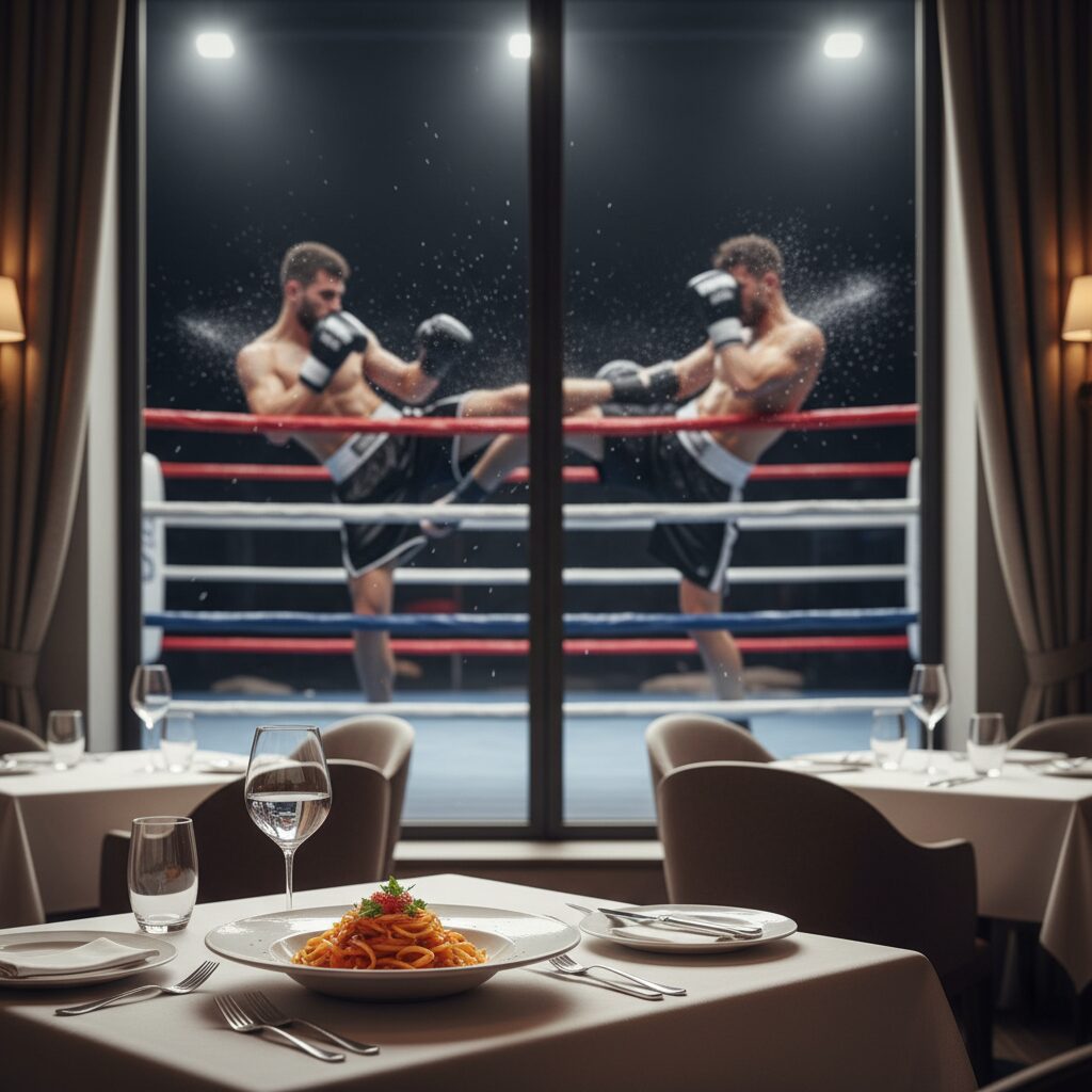 上品なイタリア料理とダイナミックな格闘技のイメージを組み合わせたアイキャッチ画像