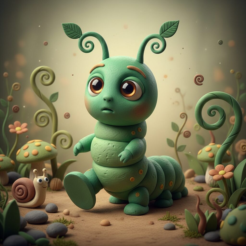 緑色の芋虫のクレイアニメキャラクター「ニャッキ」が驚いた表情で、背後には粘土の質感で表現された幻想的な自然の背景が広がっています。