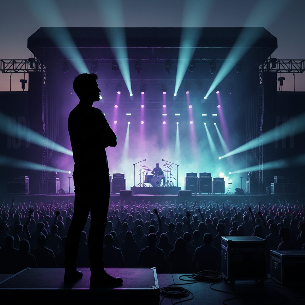 コンサートステージを背景に立つウドー音楽事務所創業者、有働誠次郎氏のシルエット。洋楽の歴史を築いた彼の情熱と功績を象徴する。