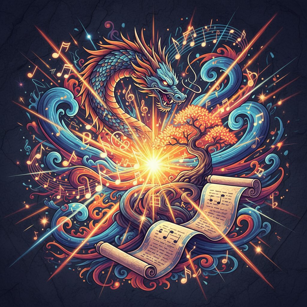 サザンオールスターズの活動47周年を祝う、抽象的な音楽と光のイラスト