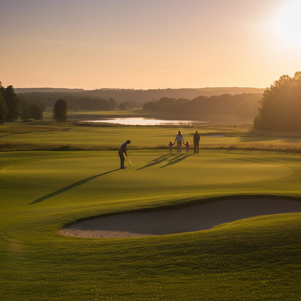 ゴルフコースで家族を背景に立つ松山英樹選手と、妻と娘の温かいサポートを示す写真。