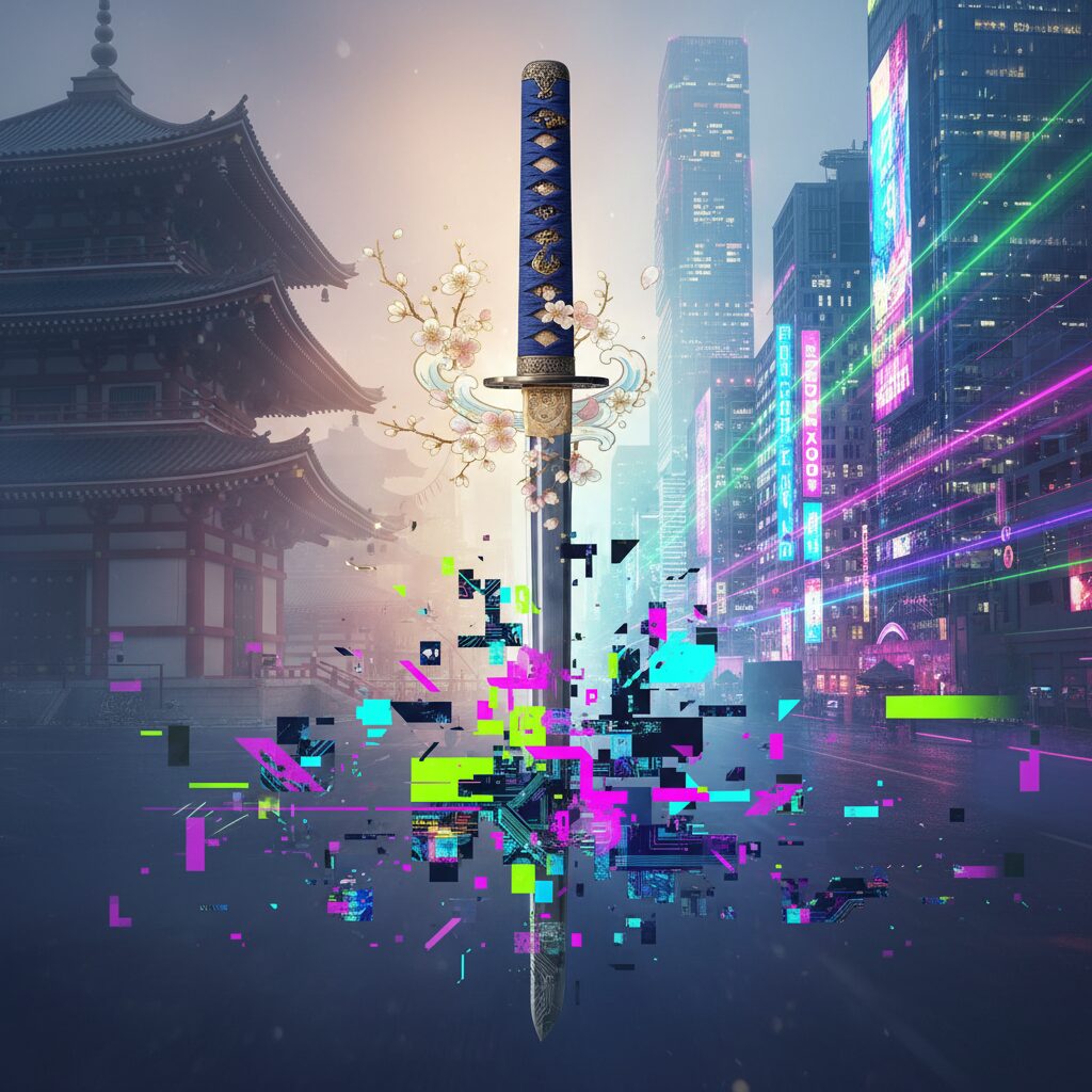 刀剣乱舞の新キャラクターデザインに対する賛否両論を象徴するイメージ。伝統と現代が交錯する。