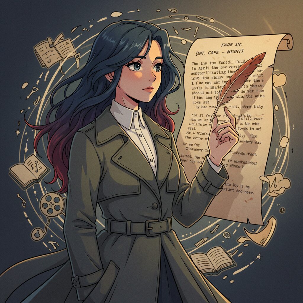 脚本家・奥寺佐渡子の作品世界を表現したイラスト。映画やアニメの要素が融合し、感情豊かなストーリーテリングを想起させるデザイン。