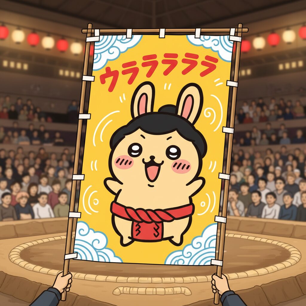 大相撲秋場所で宇良関の取組に登場した、ちいかわのうさぎが「ウララララ」と叫ぶ黄色の懸賞旗