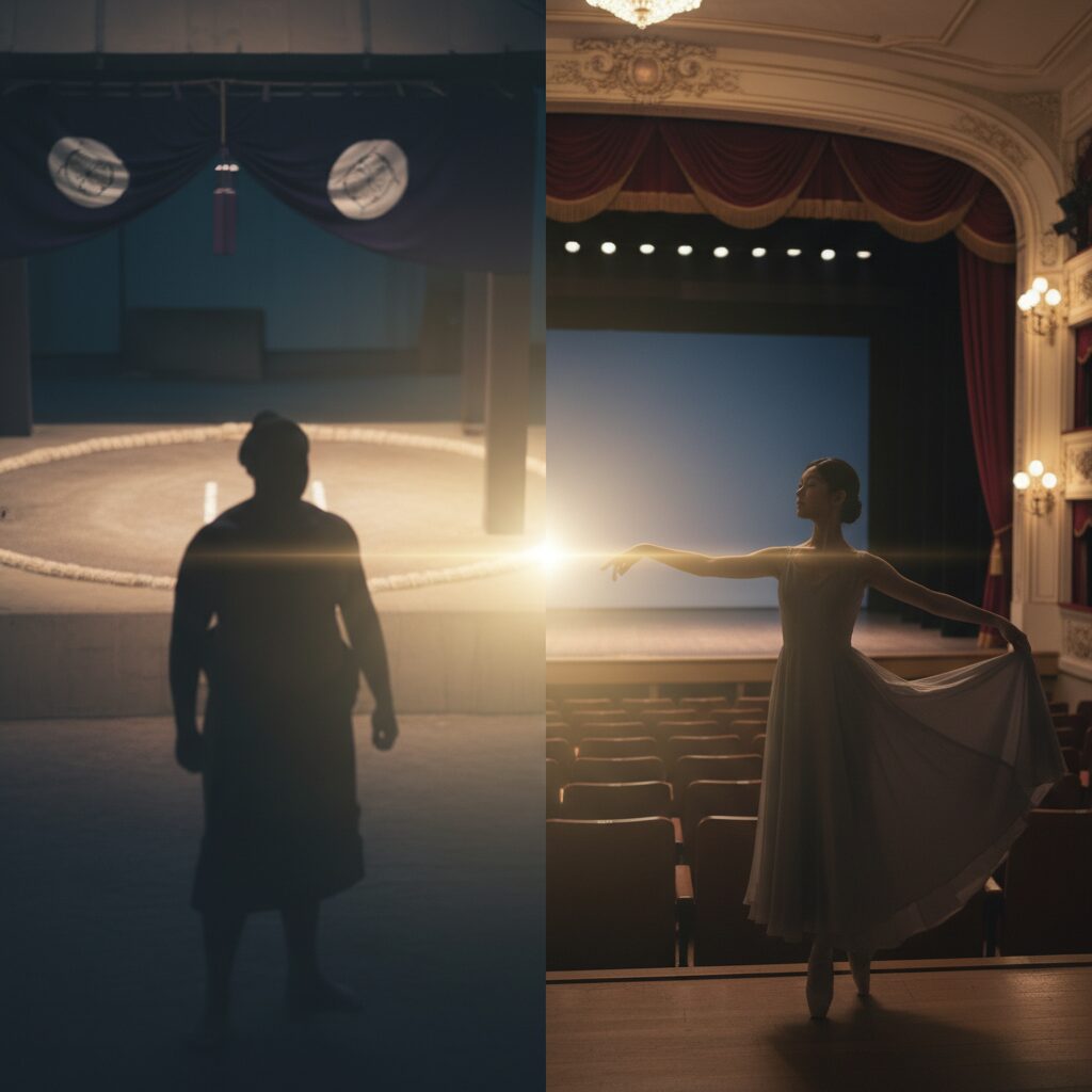 貴花田と宮沢りえの婚約破棄を象徴する、相撲と舞台の対比を描いたアイキャッチ画像