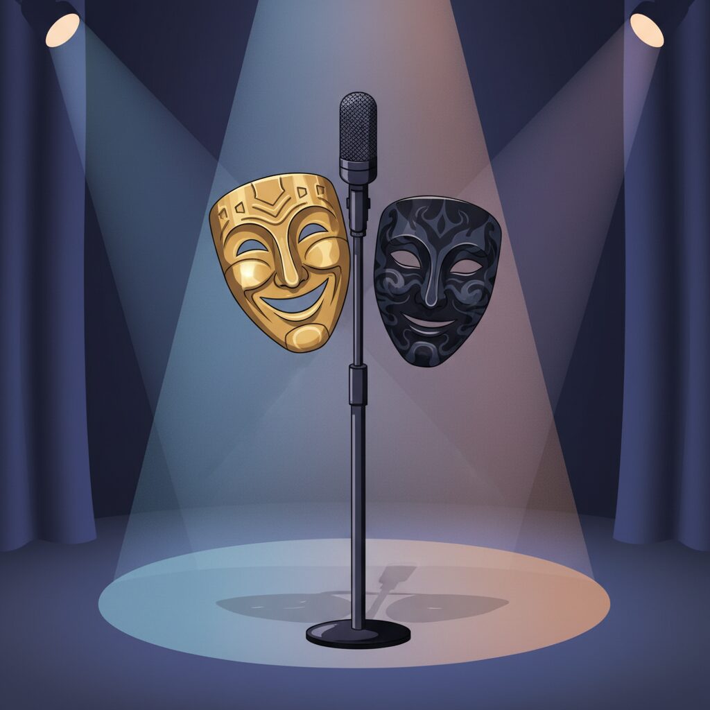 増田俊樹の裏名義を象徴する、2つのマスクが吊るされたマイクスタンドのイラスト。