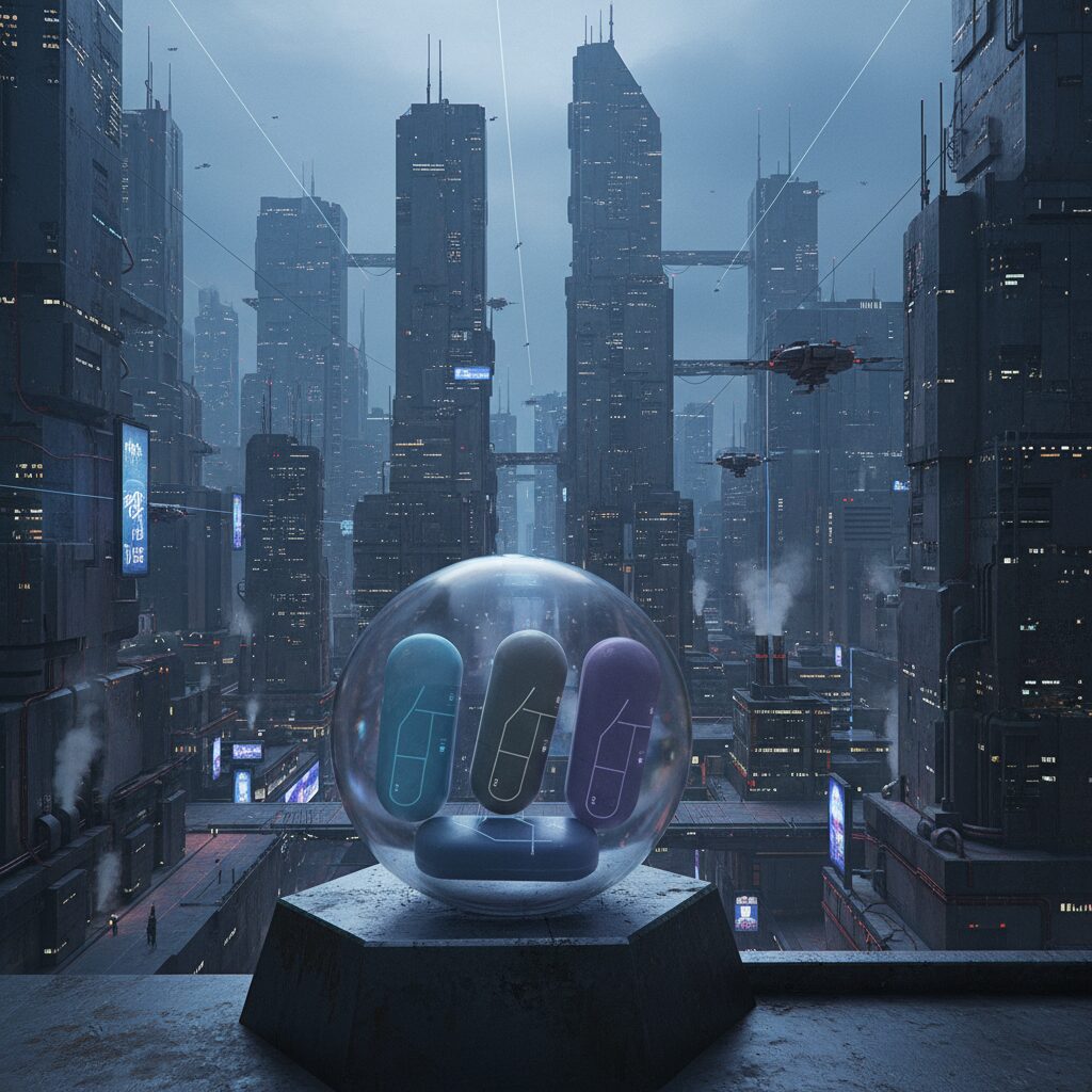 未来の食料を模したディストピア飯ガチャのミニチュア。SF的な都市を背景に、効率化された栄養食料が描かれている。