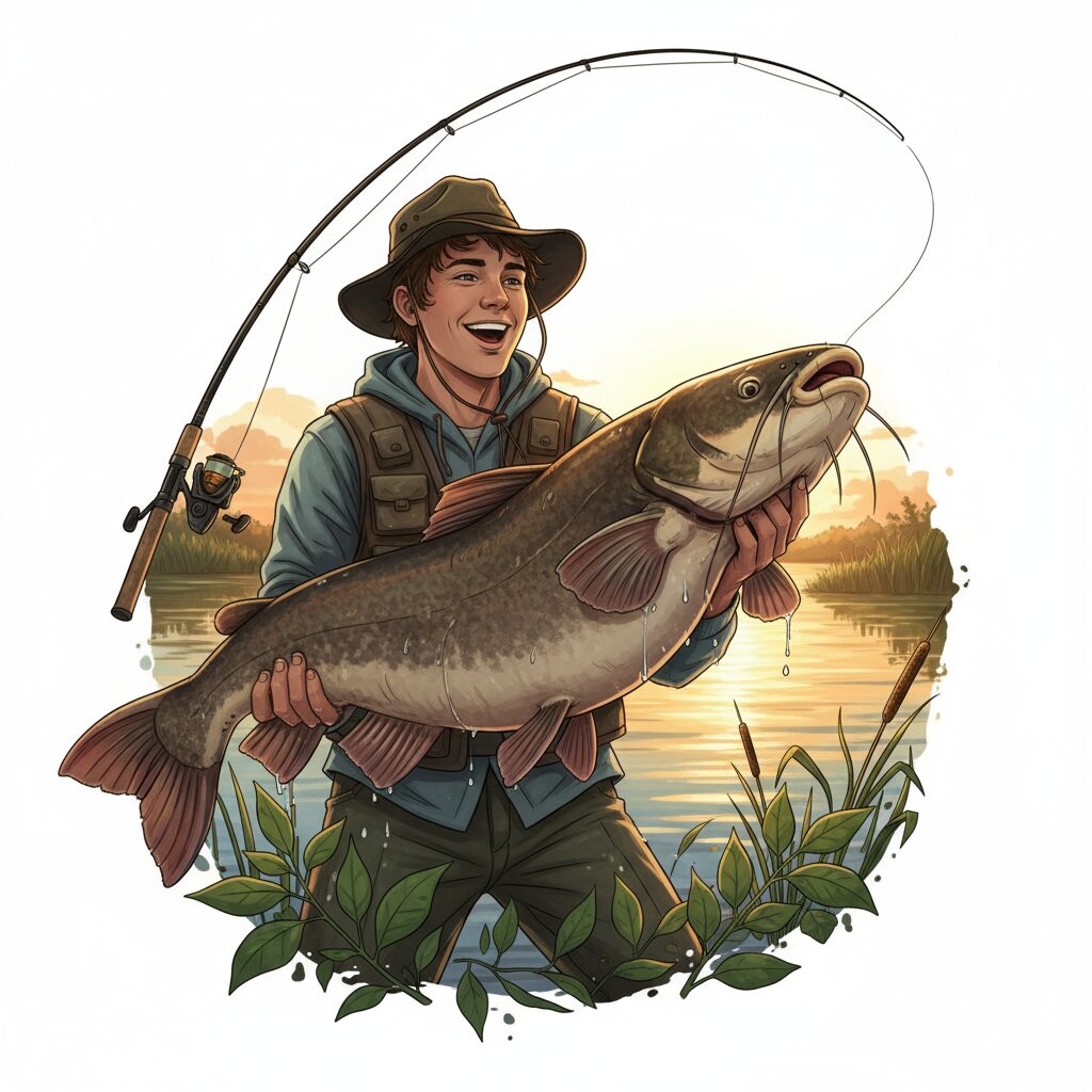 釣り人が霞ヶ浦のような水辺で大型のアメリカナマズを釣り上げ、ロッドが大きくしなっている様子。