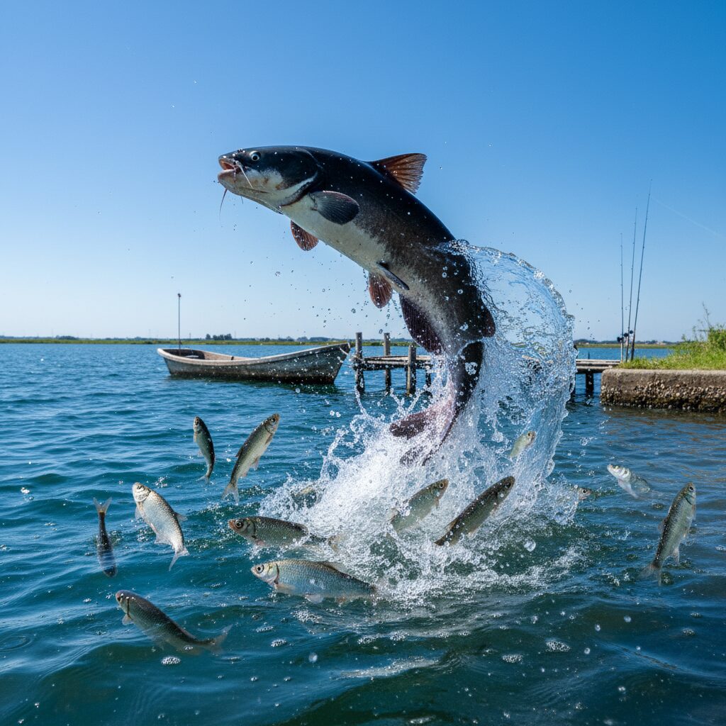 霞ヶ浦の湖面を跳ねるアメリカナマズと逃げ惑う在来魚たち