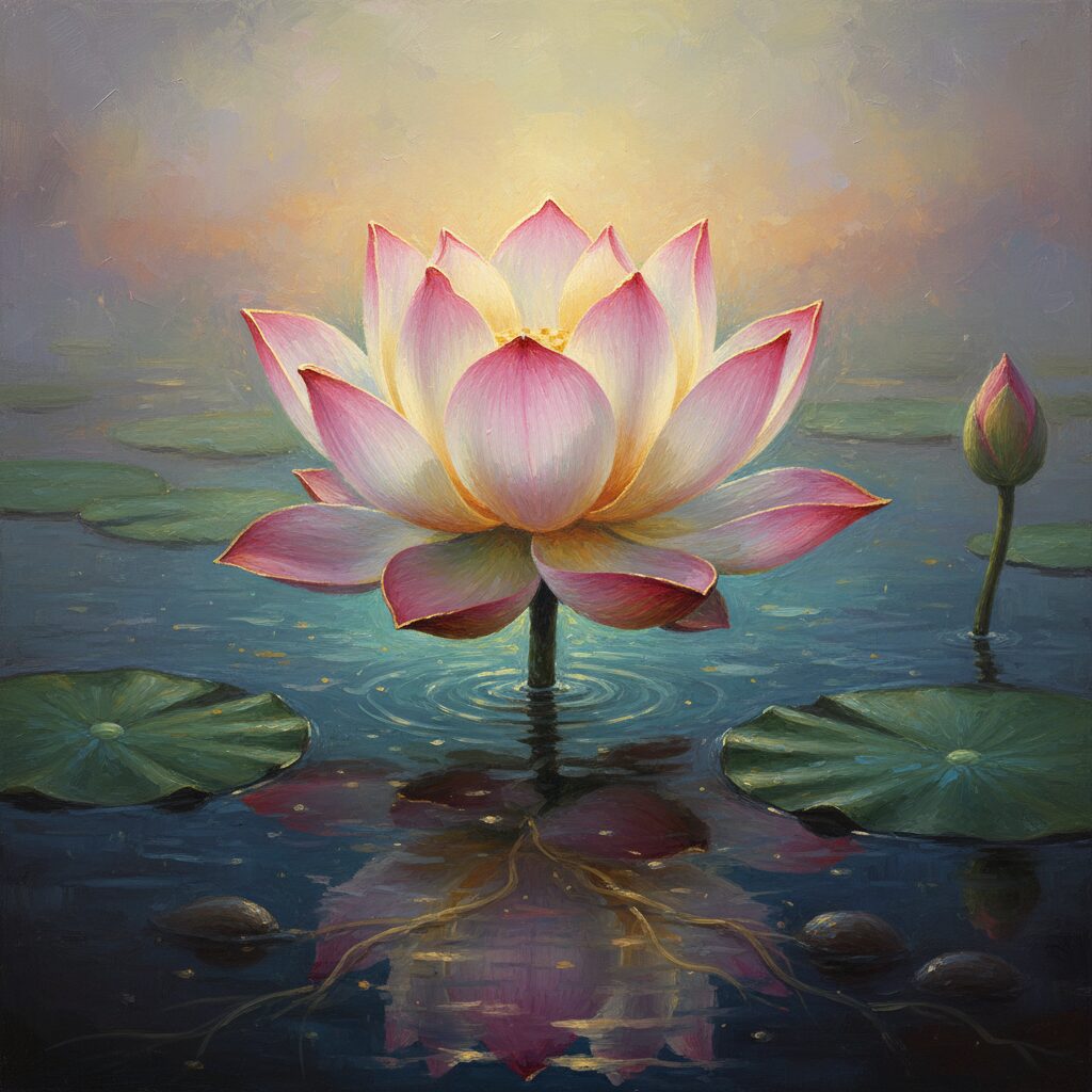 泥の中から清らかに咲く蓮の花。希望と再生を象徴するイメージ。