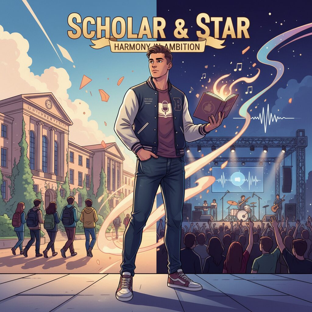 大学の卒業証書とマイクを持つ、笑顔の男性のイラスト