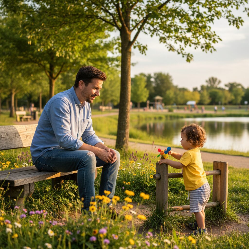 公園で子どもを見守る心配性な父親