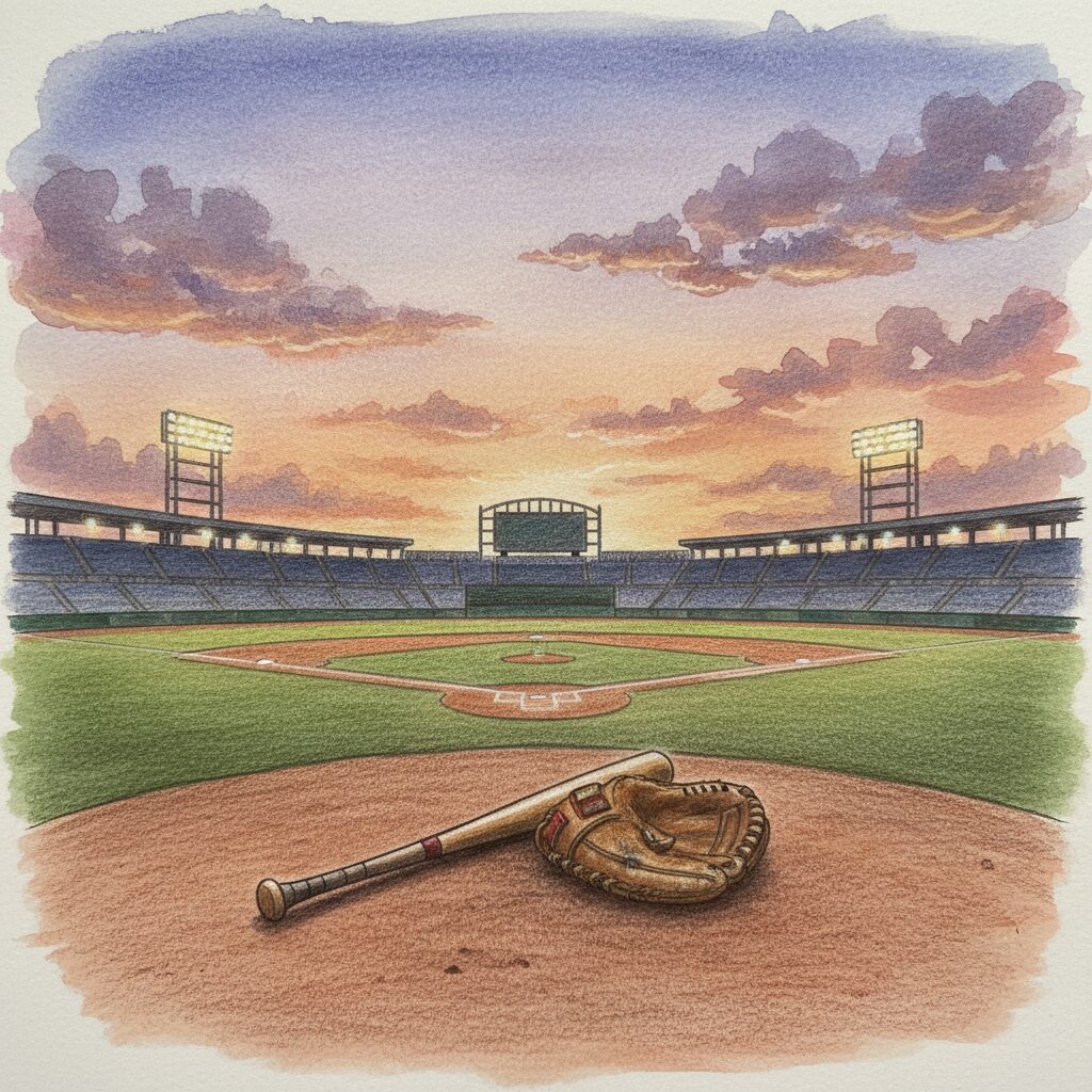 夕暮れの野球場に置かれたバットとグローブ