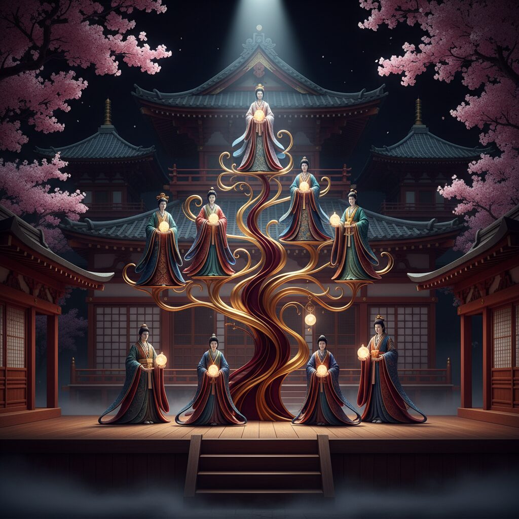 歌舞伎舞台を背景にした、抽象的な家族の系図が描かれたイメージ。伝統と現代が融合したデザイン。