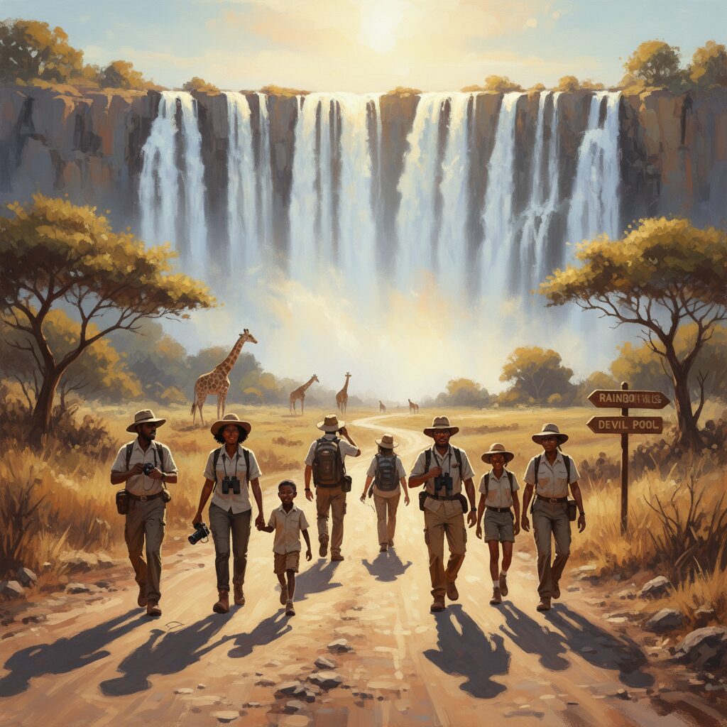 ジンバブエの美しい観光地と、注意深く行動する旅行者のイメージ