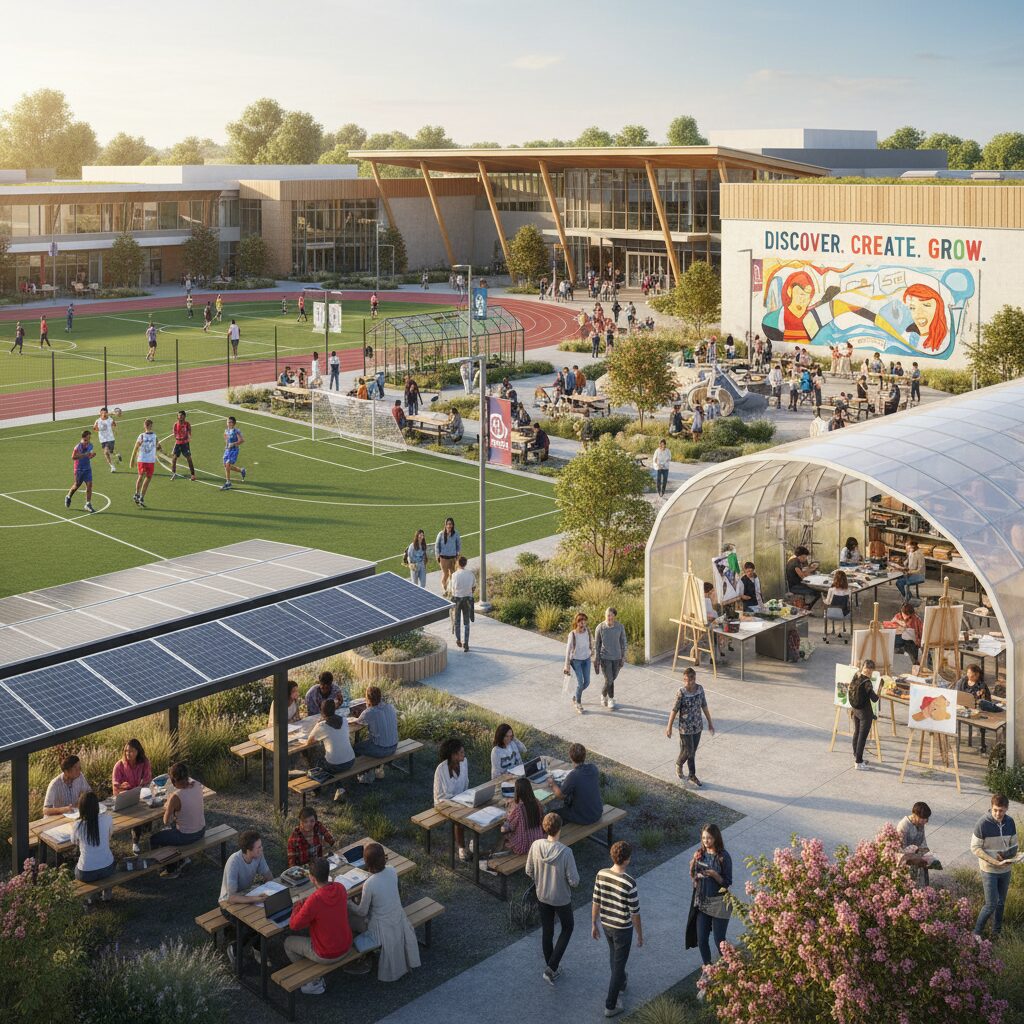 白鵬女子高等学校の校舎と学ぶ生徒たち