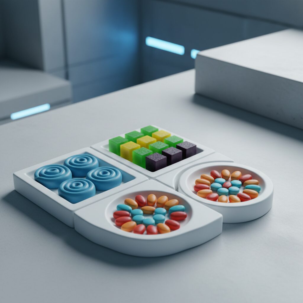 仕切りのあるプレートに無機質に盛り付けられたペースト状の食品やブロック状の食品、錠剤が並ぶディストピア飯。SF作品の食事を再現した様子。