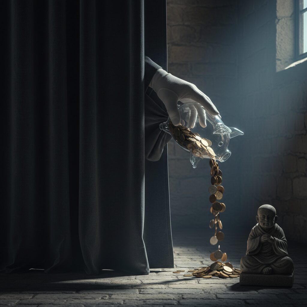 お布施の75%が葬儀社に渡る様子を表すイラスト。透明な貯金箱から流れるコインが、幕の後ろから現れた大きな手によって75%が抜き取られ、わずかなコインだけが僧侶の像に届く。