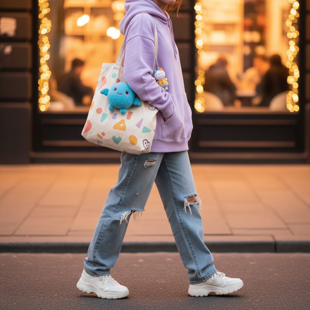 流行のバッグに小さなぬいぐるみを付けて歩くZ世代のファッションスナップ