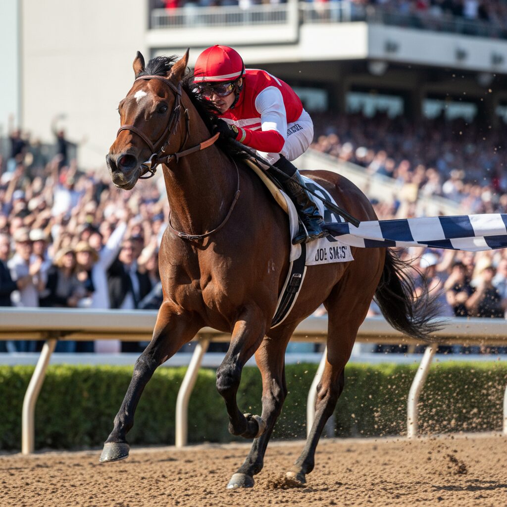 クリストフ・ルメール騎手騎乗のパントルナイーフが東京スポーツ杯2歳ステークスで重賞初制覇を果たし、力強くゴールを駆け抜ける瞬間