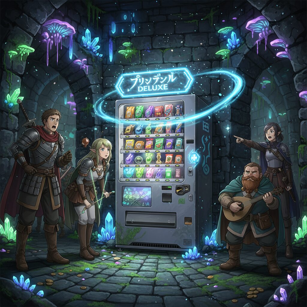 迷宮の中央に立つ自動販売機ハッコンと驚く冒険者たちのイラスト