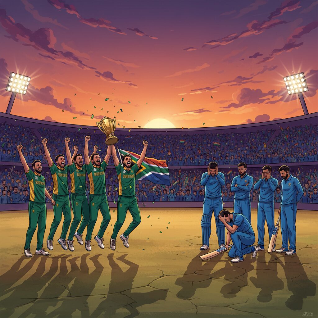 南アフリカが勝利し、インドが敗北したクリケットテストシリーズの感情的なシーン。夕暮れのスタジアムに両チームの対照的な感情が描かれている。