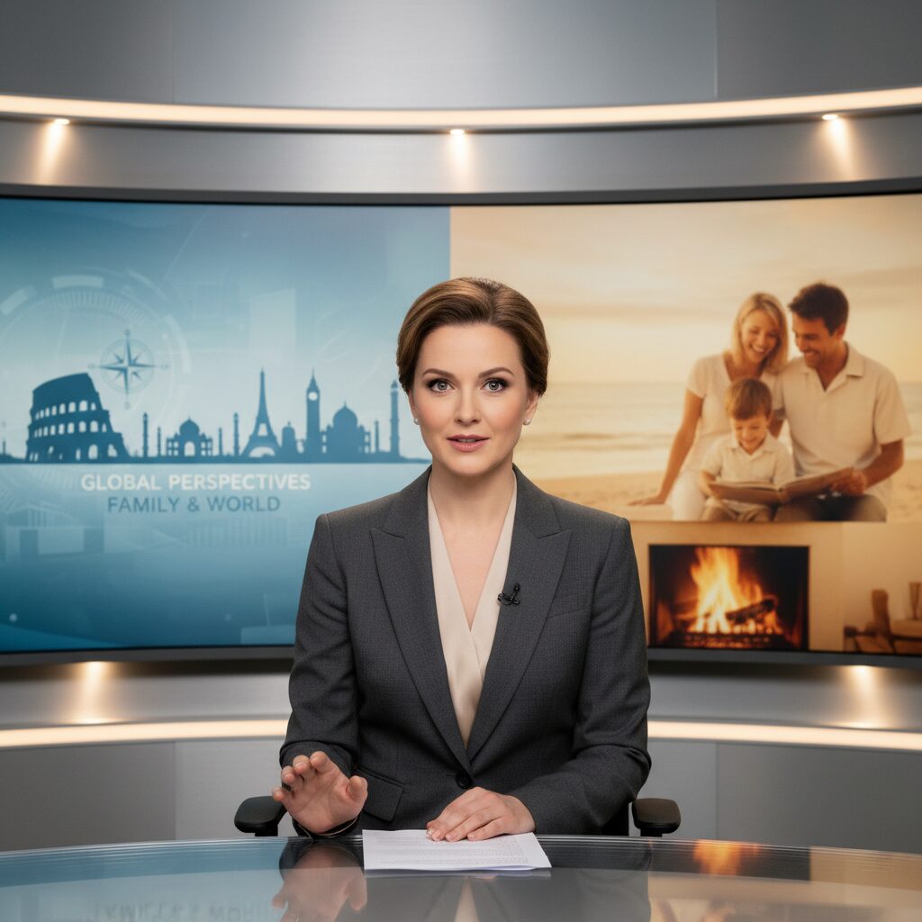 出水麻衣アナウンサーのイメージ画像、ニューススタジオと家族の温かさを融合