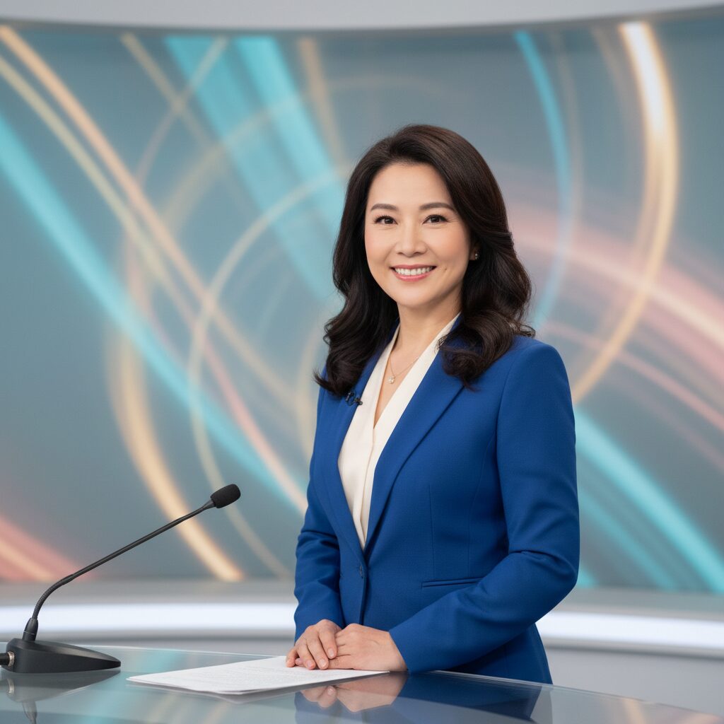 テレビスタジオで笑顔を見せる出水麻衣アナウンサー