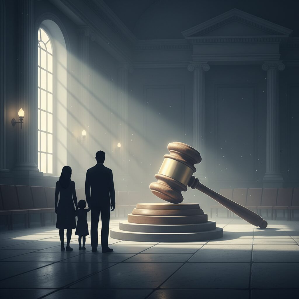 裁判所のような場所で、家族のシルエットが描かれ、法と人道の葛藤を象徴するアイキャッチ画像