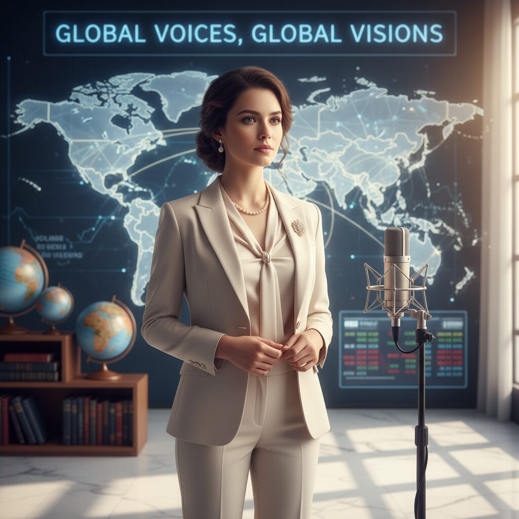 若かりし頃の出水麻衣アナウンサーが国際的な背景を象徴する世界地図の前で微笑む姿