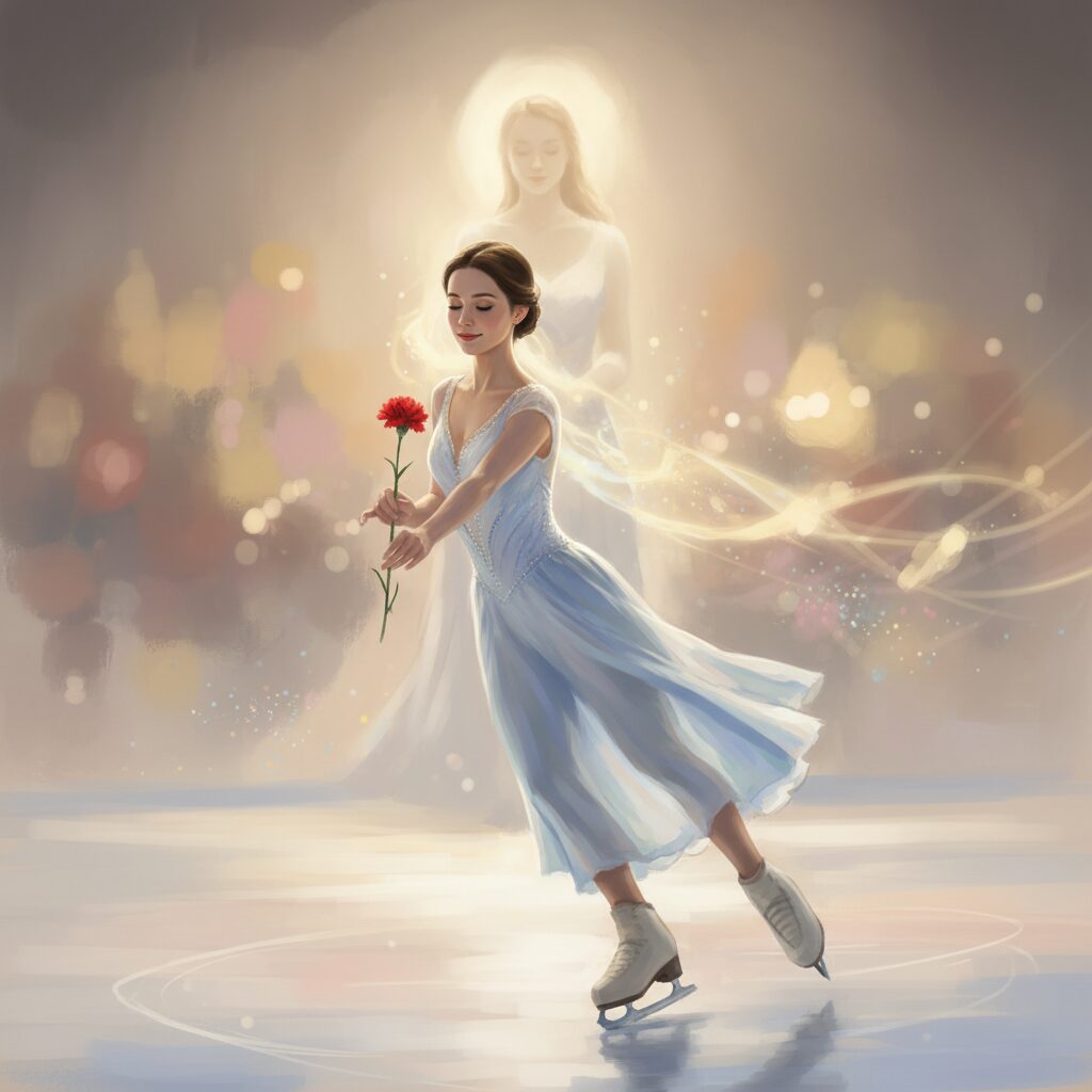 氷上で赤いカーネーションを持つフィギュアスケーターの女性のイラスト