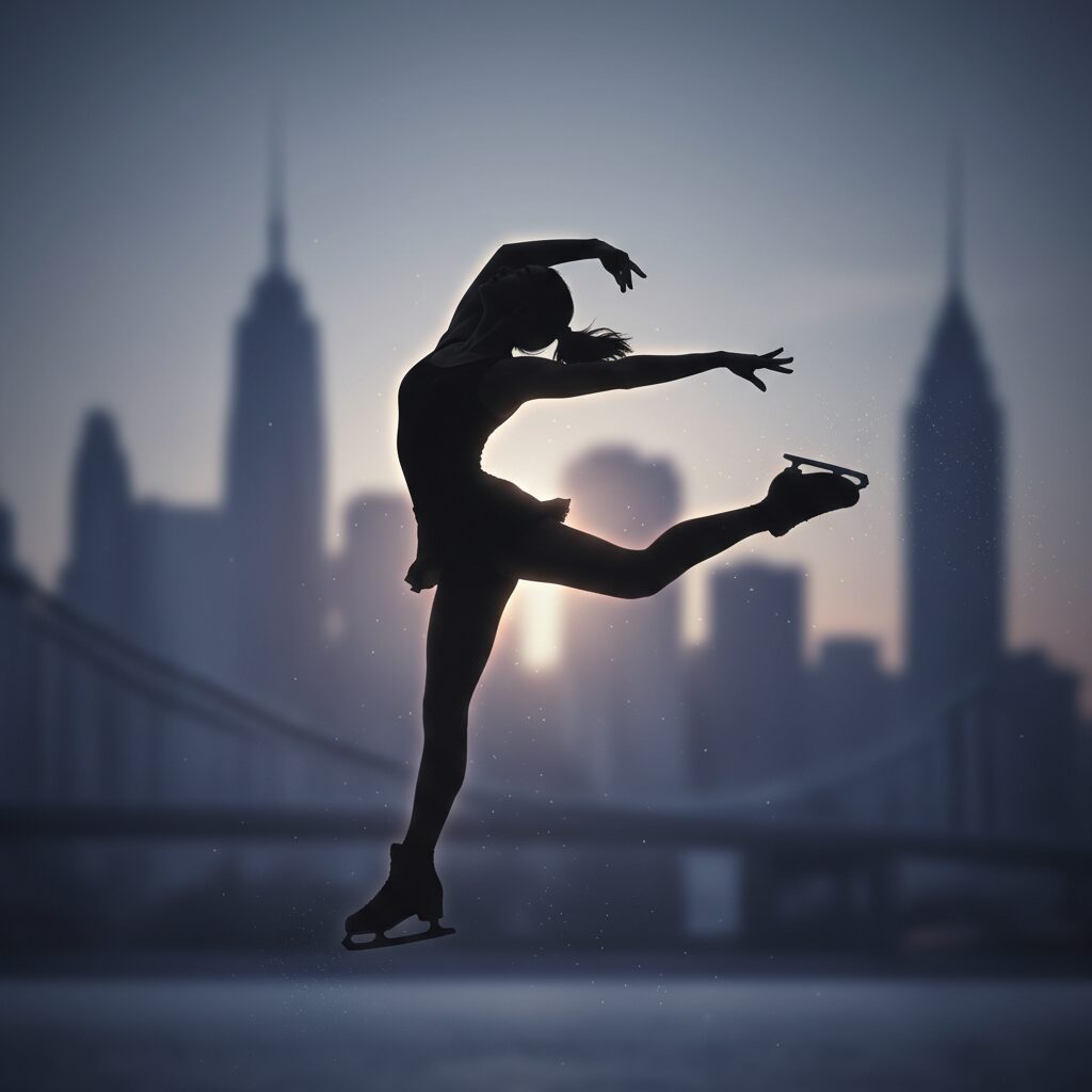 浅田真央の父親、浅田敏治氏の人生を象徴するイメージ。フィギュアスケート選手の影と都市の背景。