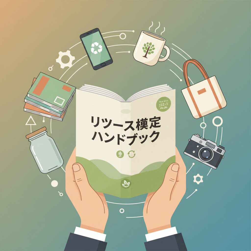 リユース検定ハンドブックと、スマートフォン、マグカップ、ヴィンテージカメラなどのリユース品が描かれたイラスト。