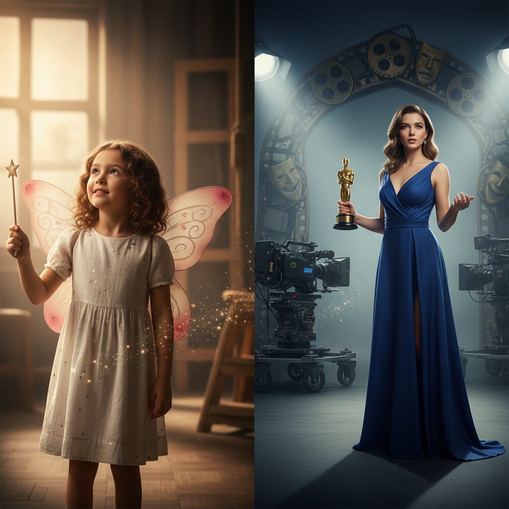 桜田ひよりさんの子役時代から現在の女優としての成長を表現したイラスト