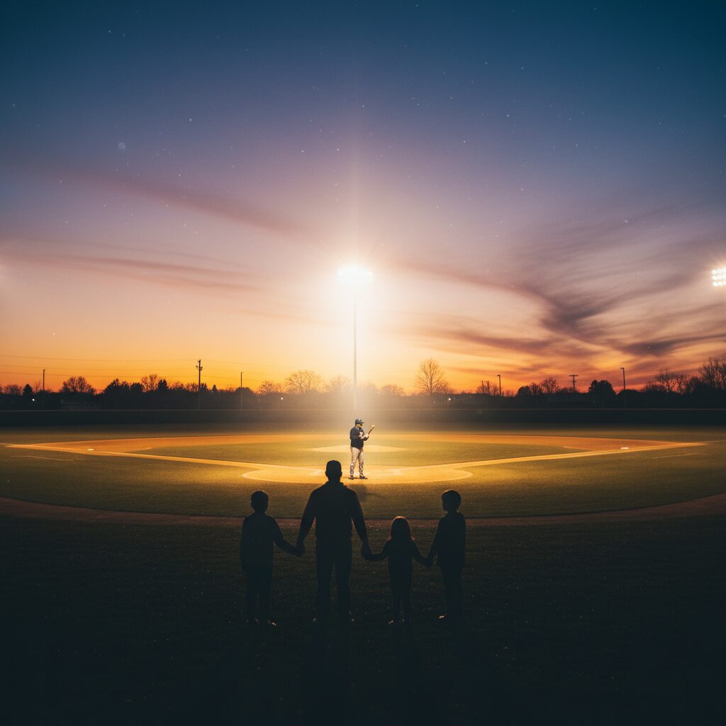 夕暮れの野球場で、コーチ姿の新井良太の背後で、家族が寄り添うシルエット。暖かく希望に満ちた雰囲気のイラスト。