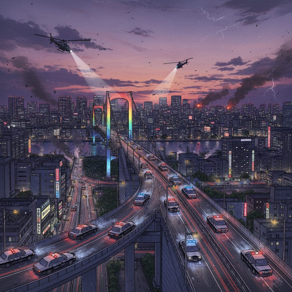 レインボーブリッジと東京の街並みが広がる夜景。映画『踊る大捜査線 THE MOVIE 2』の象徴的なシーンを彷彿とさせる緊張感のある風景。