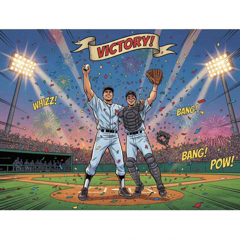 2024年と2025年のプロ野球最優秀バッテリー賞受賞者が並び、トロフィーを掲げて笑顔を見せているイラスト。