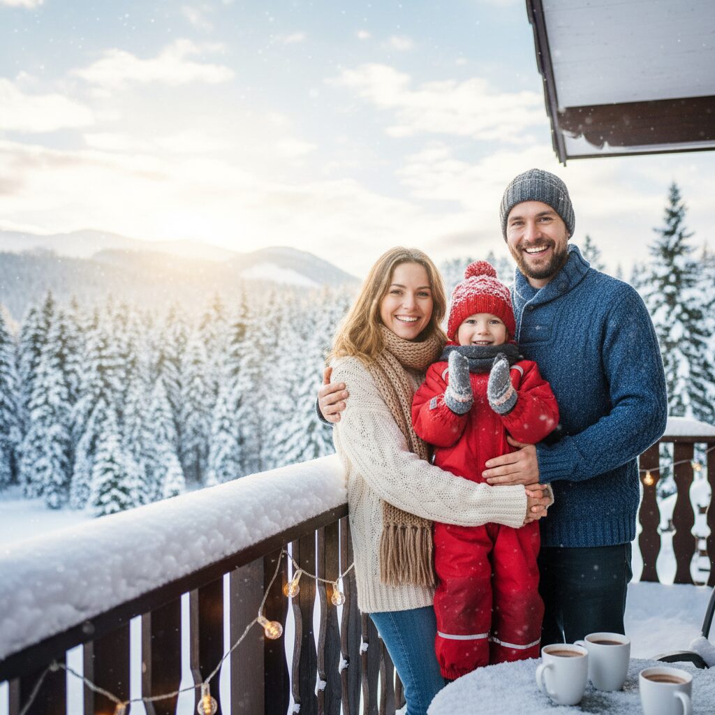 金子恵美さんと宮崎謙介さん、そして息子の3人が雪の降るベランダで楽しそうにしている画像。