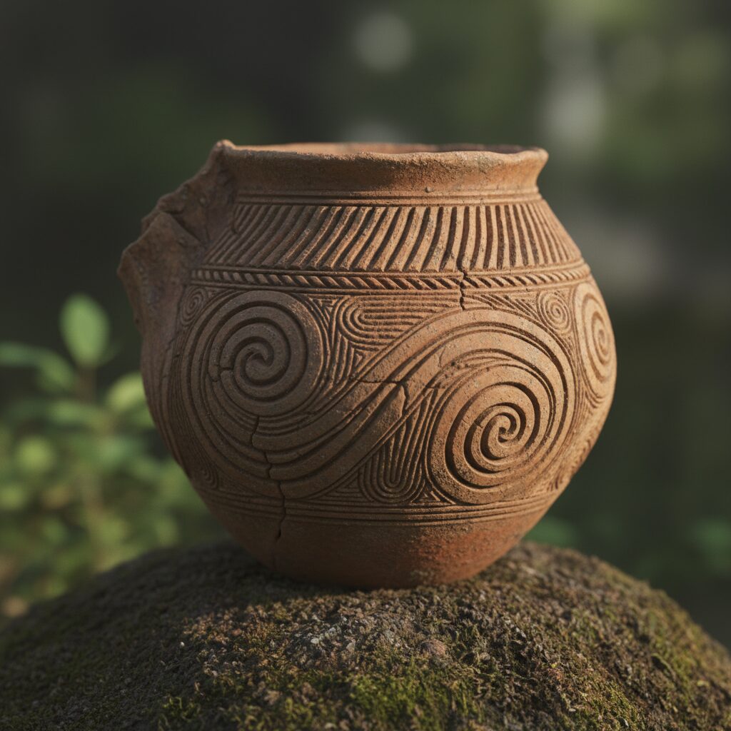 複雑な縄目模様や幾何学文様が施された縄文土器のクローズアップ画像。古代の技術と芸術性を感じさせる。