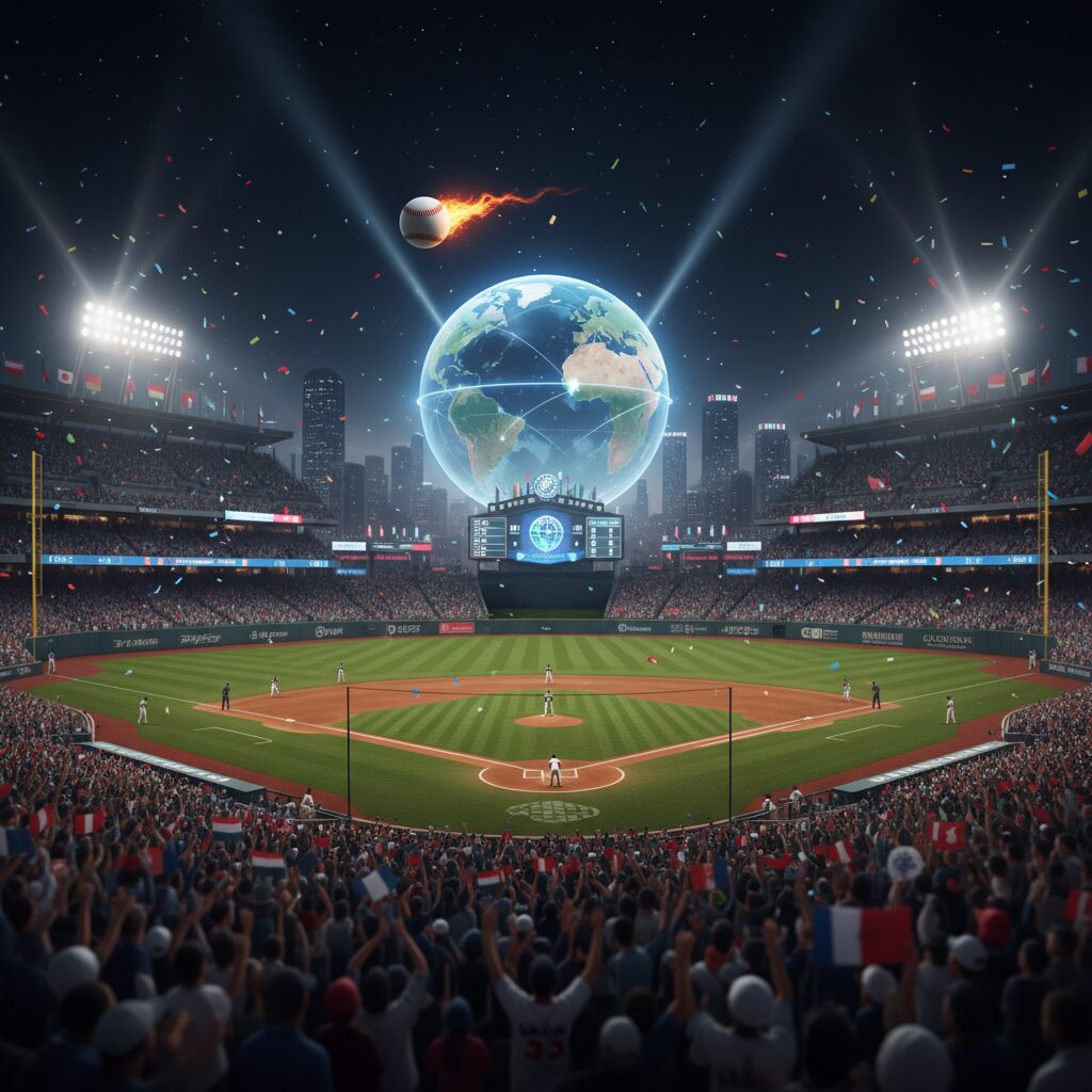 2026年のワールド・ベースボール・クラシックを象徴する、世界地図と野球のボールが融合したグラフィック。スタジアムの光景が背景にぼやけて見える。