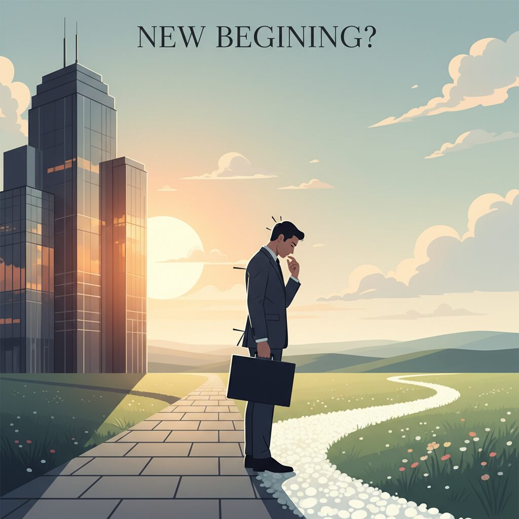 夕日を背景に企業ビルと開けた風景への二つの道が交差する場所に立つ人物。新たな始まりへの決意を象徴する。