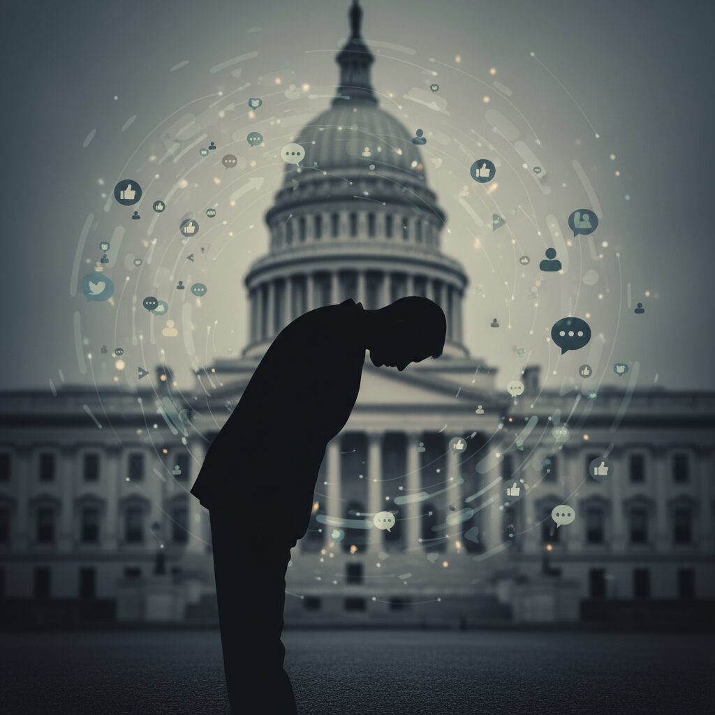 深く頭を下げる政治家のシルエットと、背景にSNSのアイコンが浮かぶ画像