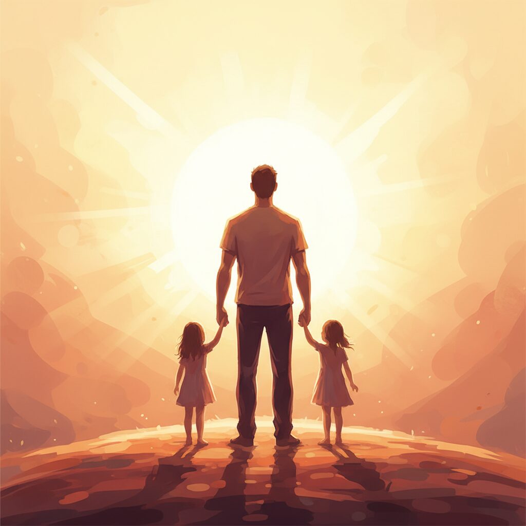 中村獅童さんと二人の息子さんの後ろ姿を描いた温かいイラスト。家族の絆と未来への希望が感じられる。