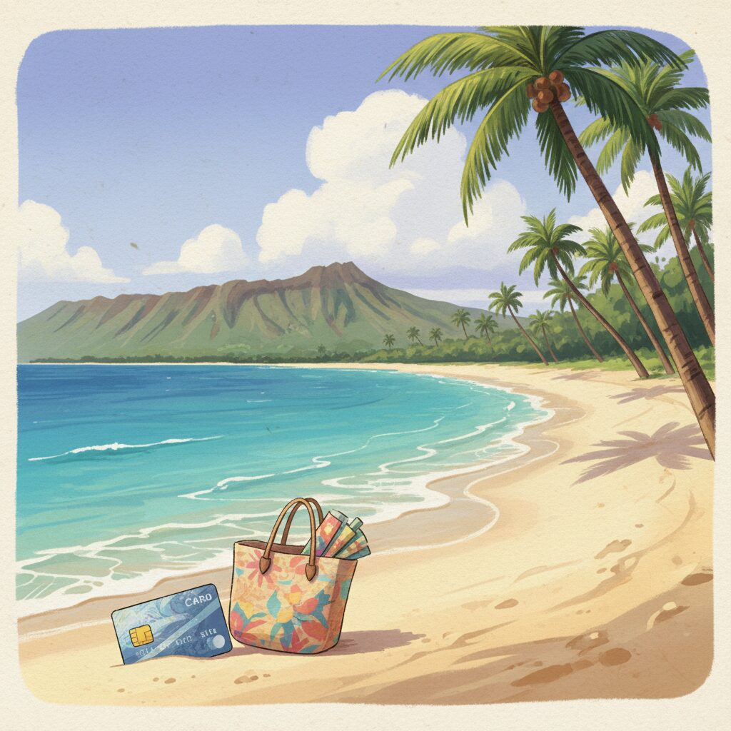 ハワイの美しいビーチとヤシの木、そしてVisaカードのロゴが描かれたクレジットカードのイラスト。