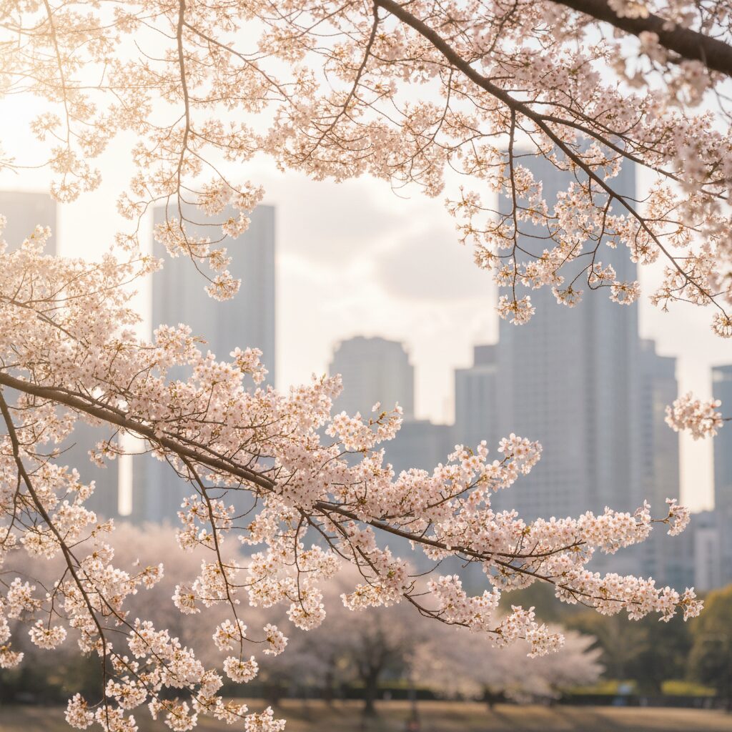 桜と東京のビル群、日経平均株価上昇による経済成長を象徴する風景