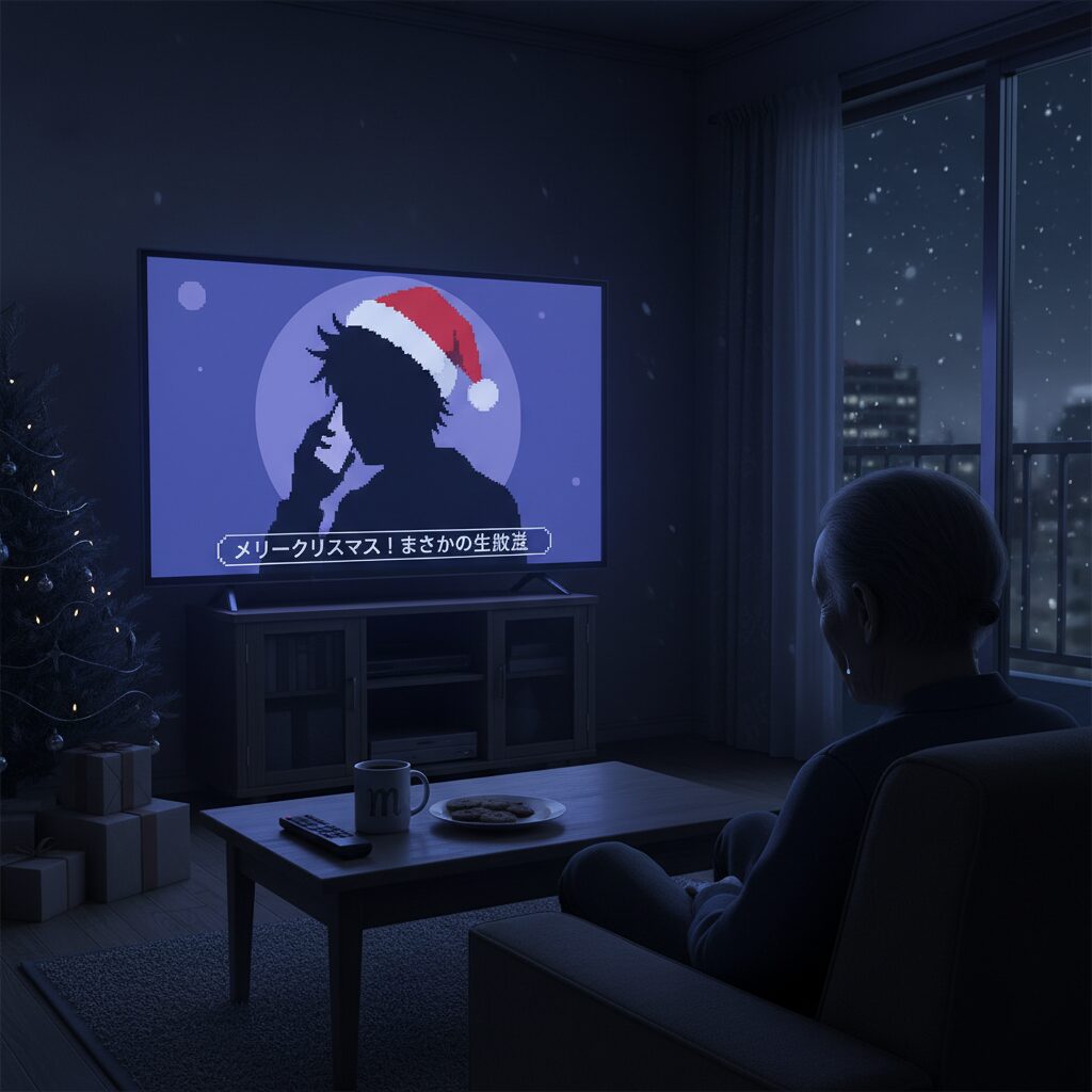 明石家サンタ2015年の放送を象徴する、深夜のテレビと電話の風景。