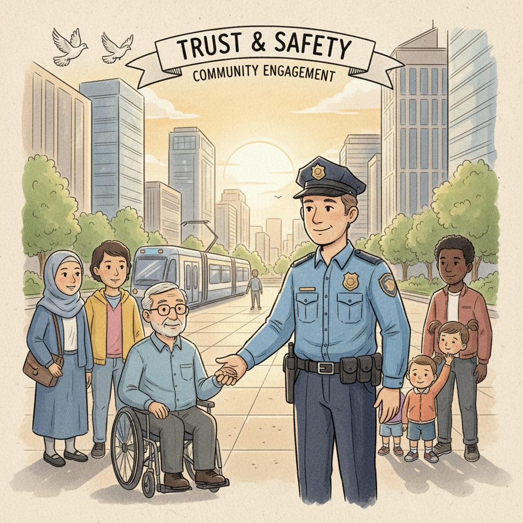 市民と笑顔で交流する警察官。信頼と安心感を与える様子。